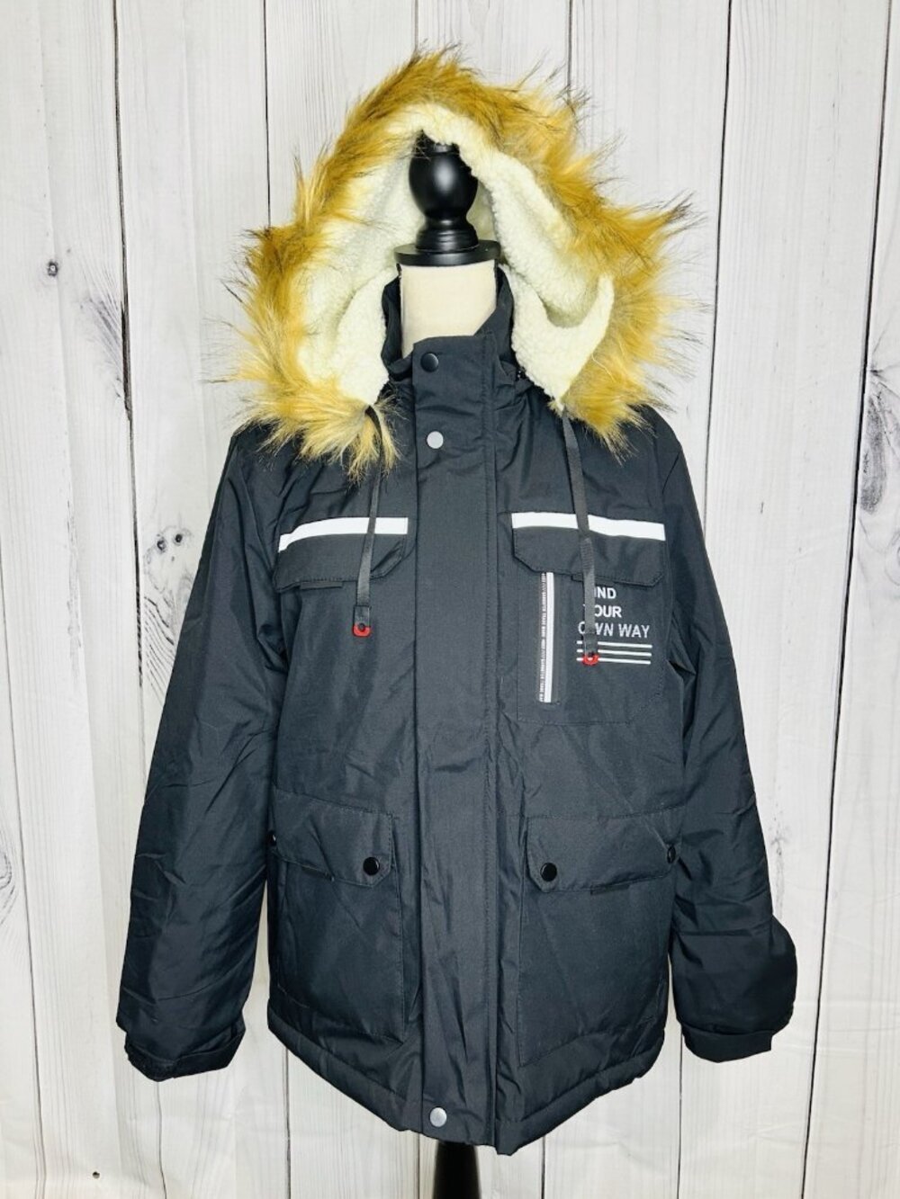 Leduntino Windbreaker Jacket Sz S Fur Hoodie Full Zip Black Sherpa Lined